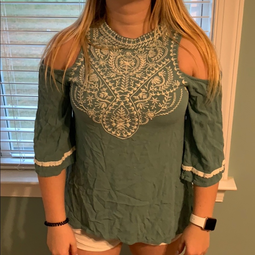Teal open shoulder top